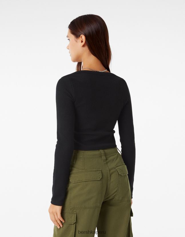 negro Bershka mujer camiseta de manga larga con textura de canalé 806J6B592