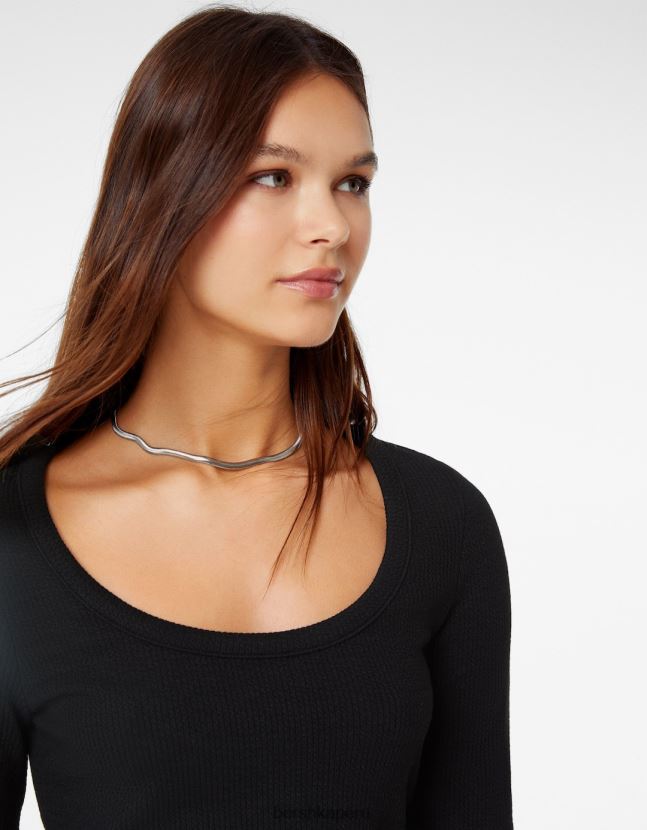 negro Bershka mujer camiseta de manga larga con textura de canalé 806J6B592
