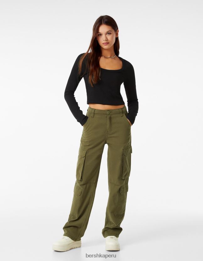 negro Bershka mujer camiseta de manga larga con textura de canalé 806J6B592