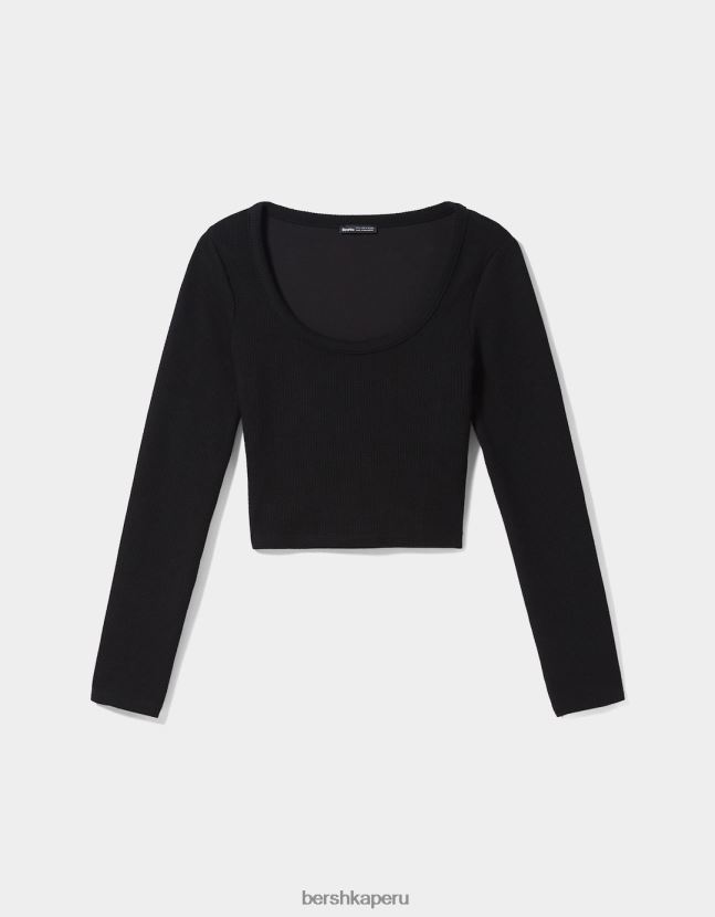 negro Bershka mujer camiseta de manga larga con textura de canalé 806J6B592
