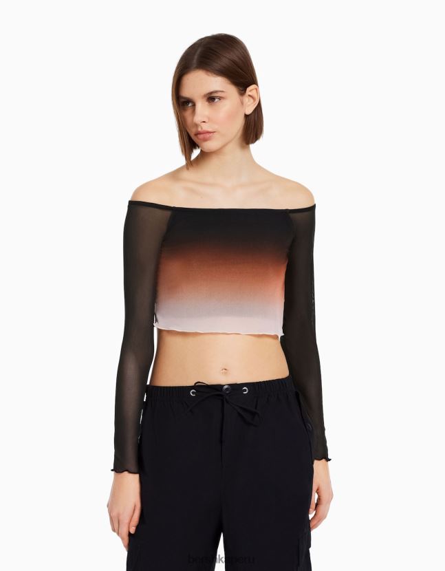 negro Bershka mujer camiseta de manga larga de tul con hombros descubiertos 806J6B488
