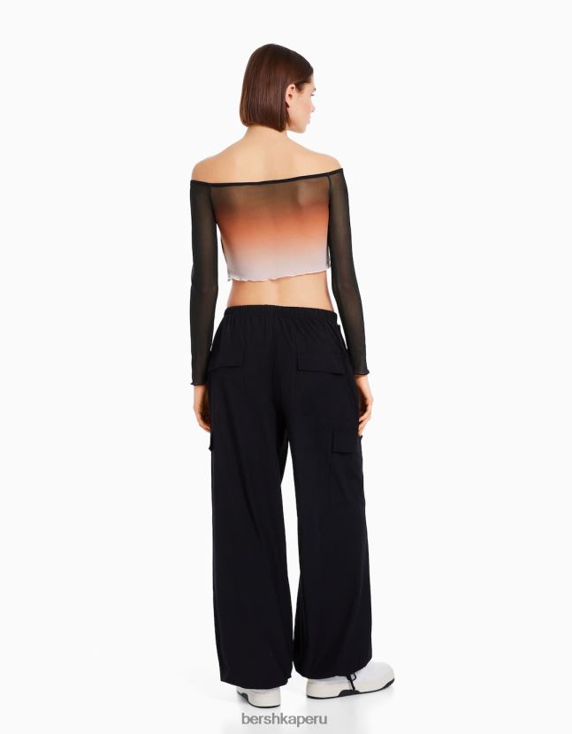 negro Bershka mujer camiseta de manga larga de tul con hombros descubiertos 806J6B488