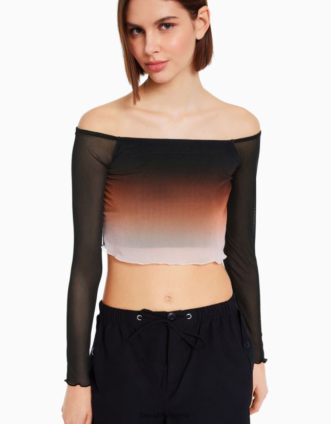 negro Bershka mujer camiseta de manga larga de tul con hombros descubiertos 806J6B488