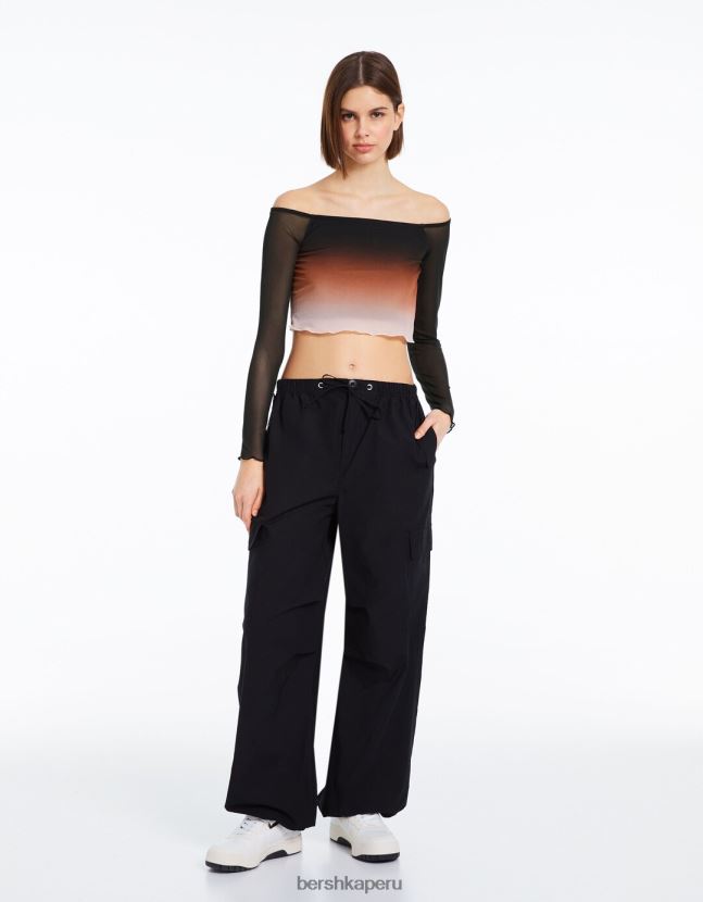 negro Bershka mujer camiseta de manga larga de tul con hombros descubiertos 806J6B488