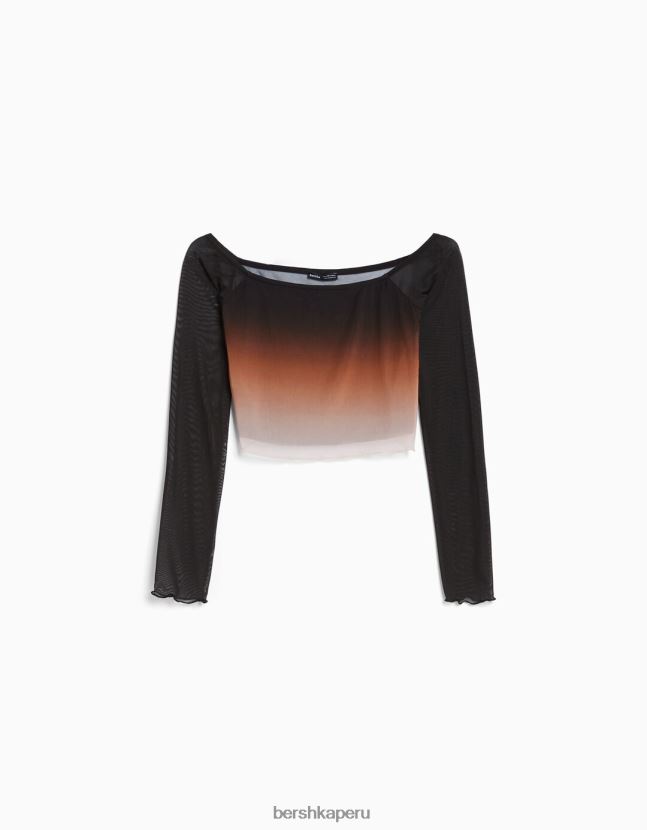 negro Bershka mujer camiseta de manga larga de tul con hombros descubiertos 806J6B488