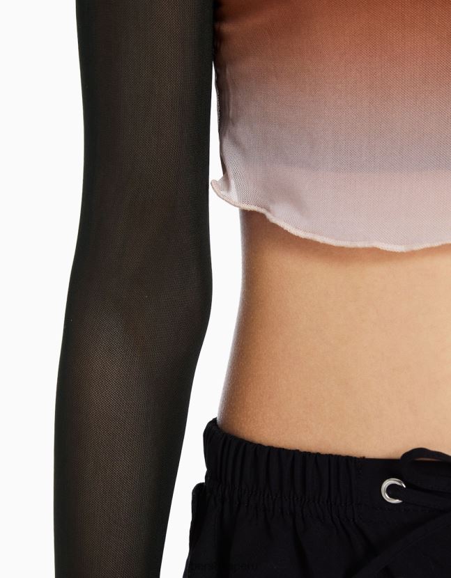 negro Bershka mujer camiseta de manga larga de tul con hombros descubiertos 806J6B488