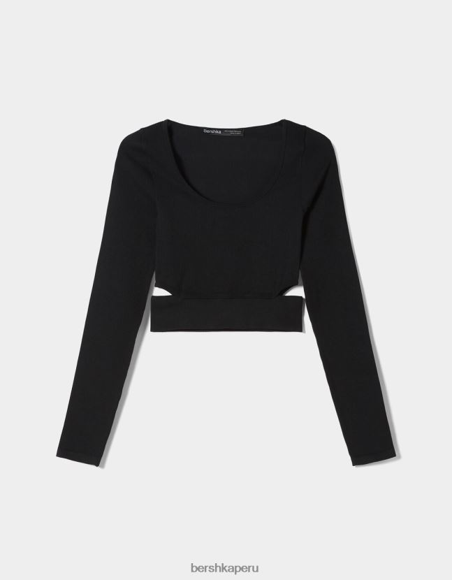 negro Bershka mujer camiseta de manga larga sin costuras con detalle de corte lateral 806J6B354