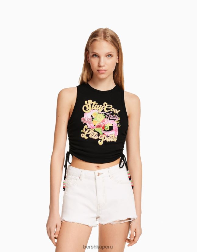 negro Bershka mujer camiseta sin mangas estampada con laterales fruncidos 806J6B631