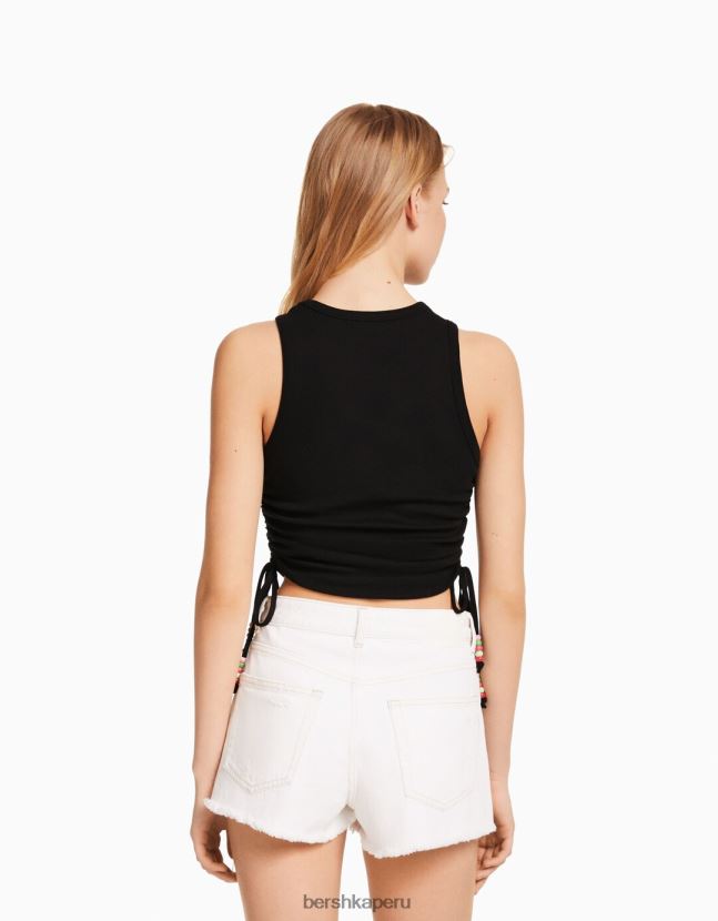 negro Bershka mujer camiseta sin mangas estampada con laterales fruncidos 806J6B631