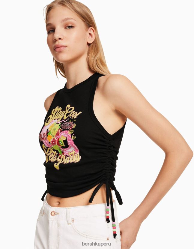 negro Bershka mujer camiseta sin mangas estampada con laterales fruncidos 806J6B631