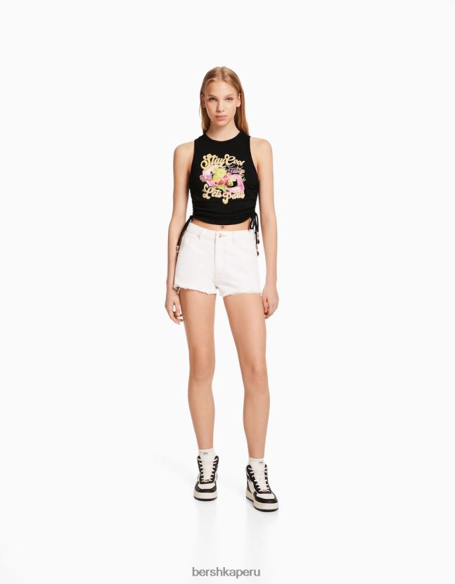 negro Bershka mujer camiseta sin mangas estampada con laterales fruncidos 806J6B631