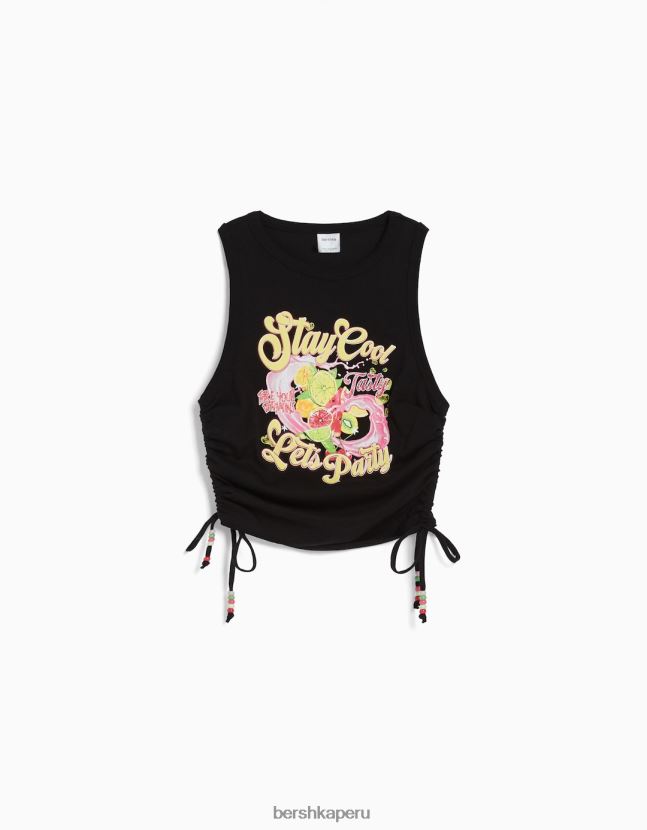 negro Bershka mujer camiseta sin mangas estampada con laterales fruncidos 806J6B631