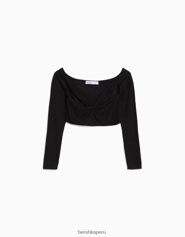 negro Bershka mujer crop top de manga larga con escote cruzado 806J6B417