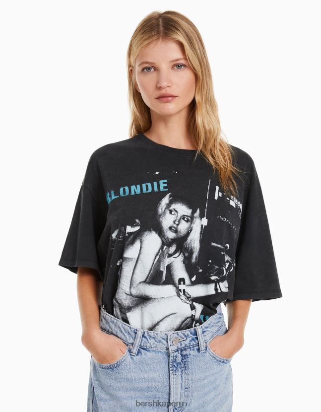 negro Bershka mujer playera de manga corta con estampado blondie 806J6B552