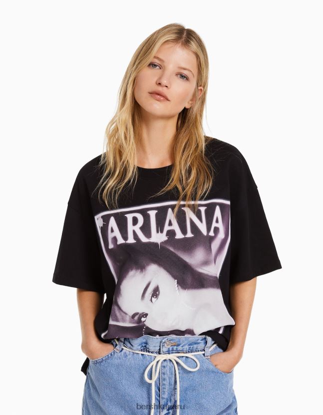 negro Bershka mujer playera de manga corta con estampado de ariana grande 806J6B476