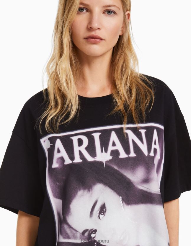 negro Bershka mujer playera de manga corta con estampado de ariana grande 806J6B476