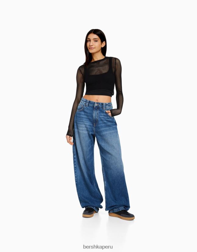 negro Bershka mujer playera de manga larga sin costuras 806J6B527