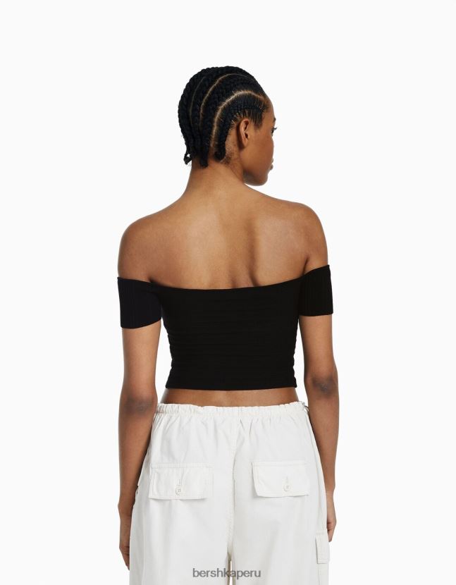 negro Bershka mujer top de punto de manga corta con detalle cruzado 806J6B412