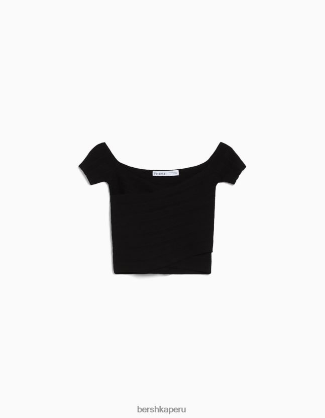 negro Bershka mujer top de punto de manga corta con detalle cruzado 806J6B412