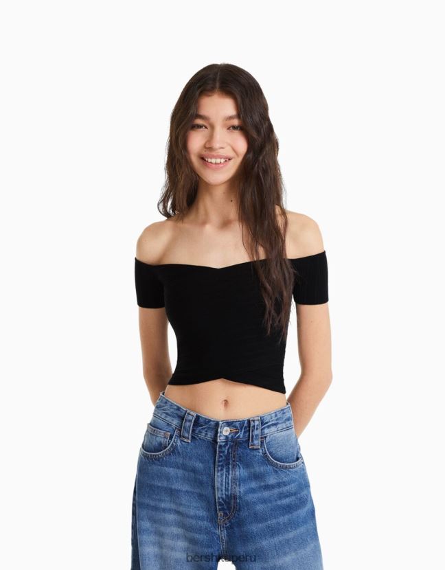 negro Bershka mujer top de punto de manga corta con detalle cruzado 806J6B415