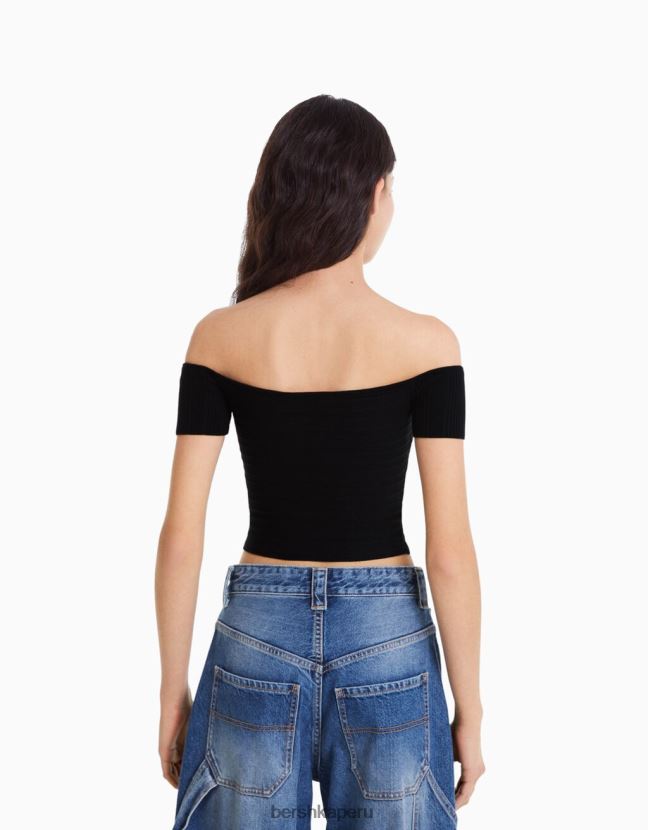 negro Bershka mujer top de punto de manga corta con detalle cruzado 806J6B415