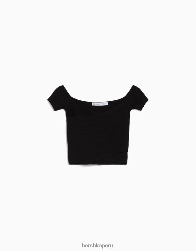 negro Bershka mujer top de punto de manga corta con detalle cruzado 806J6B415