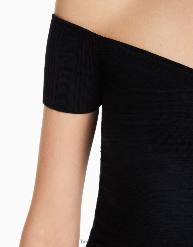 negro Bershka mujer top de punto de manga corta con detalle cruzado 806J6B415