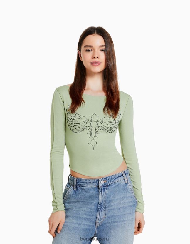 otro Bershka mujer camiseta ajustada de manga larga con tachuelas 806J6B454