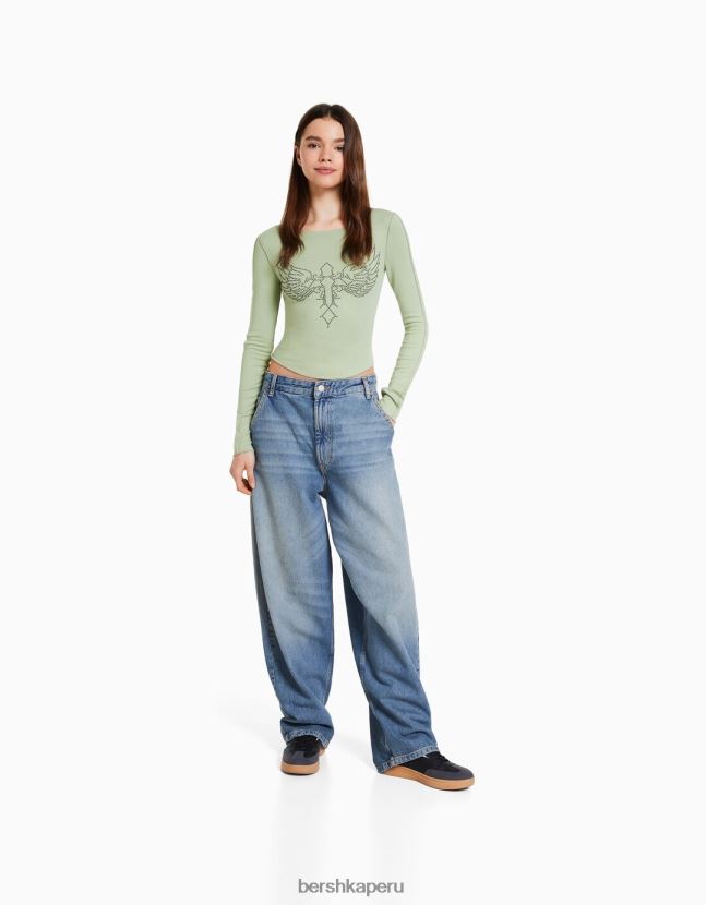otro Bershka mujer camiseta ajustada de manga larga con tachuelas 806J6B454