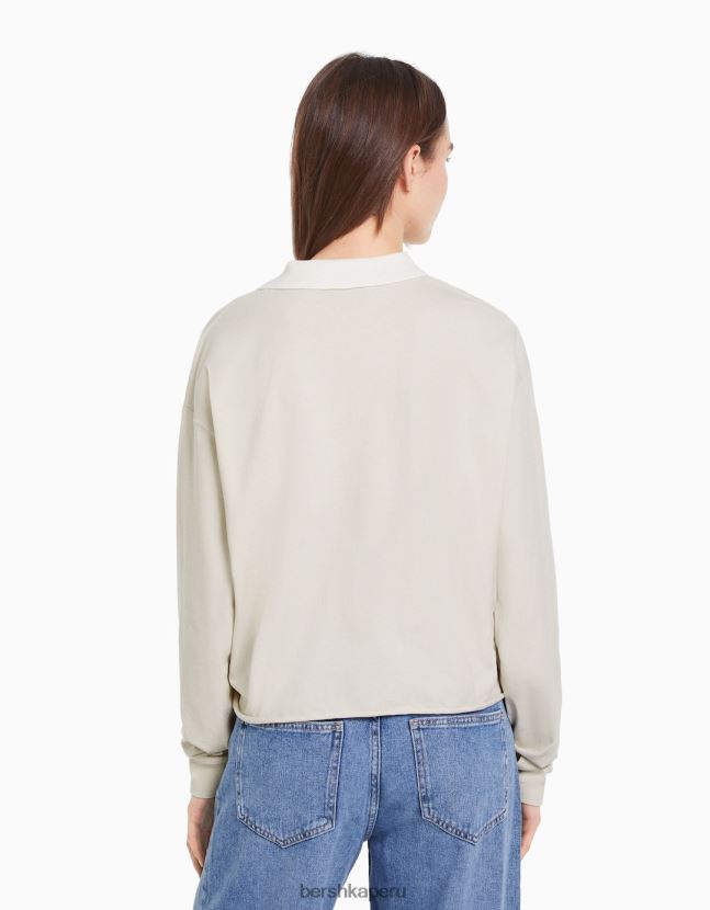 piedra Bershka mujer camiseta estampada de manga larga con cuello de polo 806J6B620