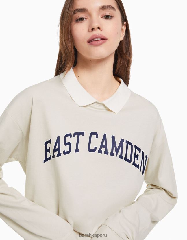 piedra Bershka mujer camiseta estampada de manga larga con cuello de polo 806J6B620