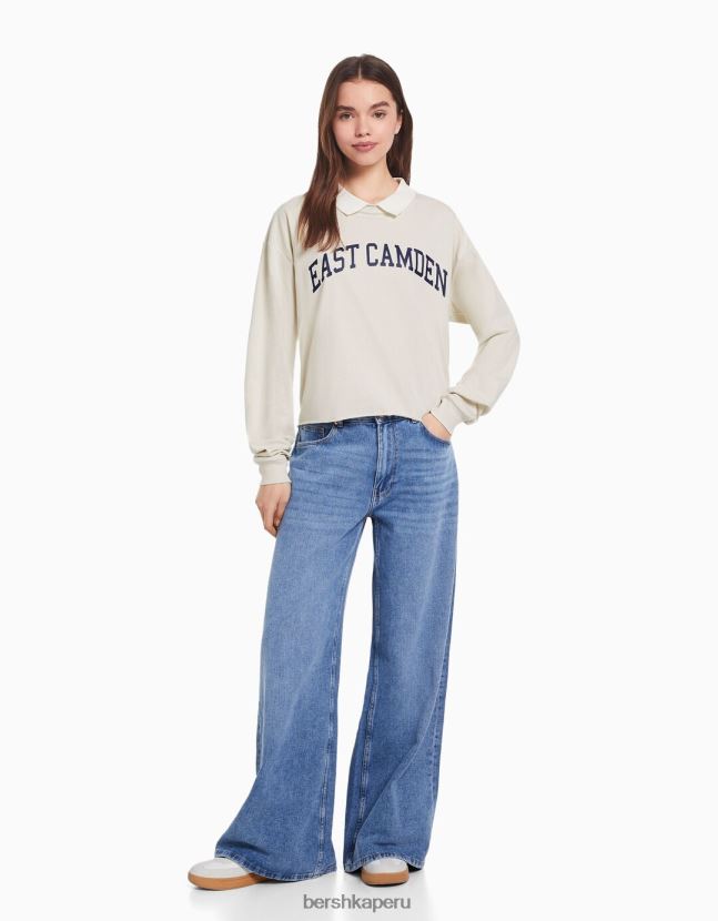 piedra Bershka mujer camiseta estampada de manga larga con cuello de polo 806J6B620