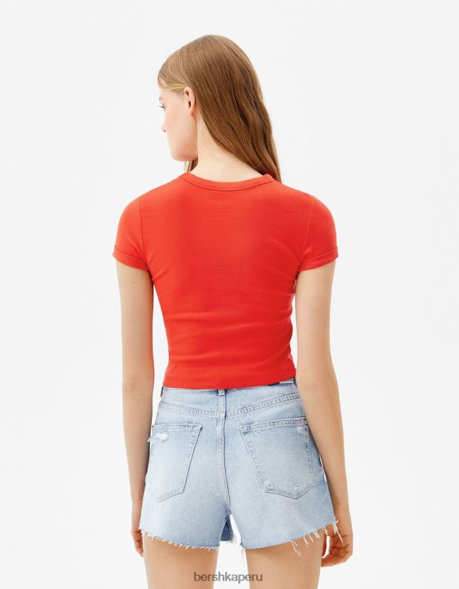 rojo Bershka mujer camiseta ajustada de manga corta 806J6B522