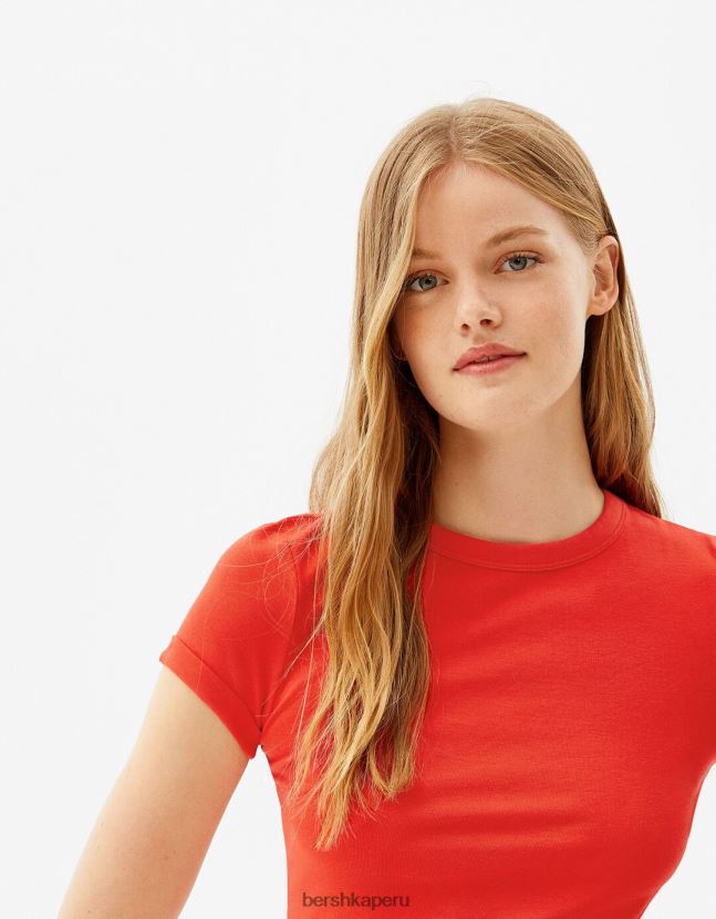 rojo Bershka mujer camiseta ajustada de manga corta 806J6B522