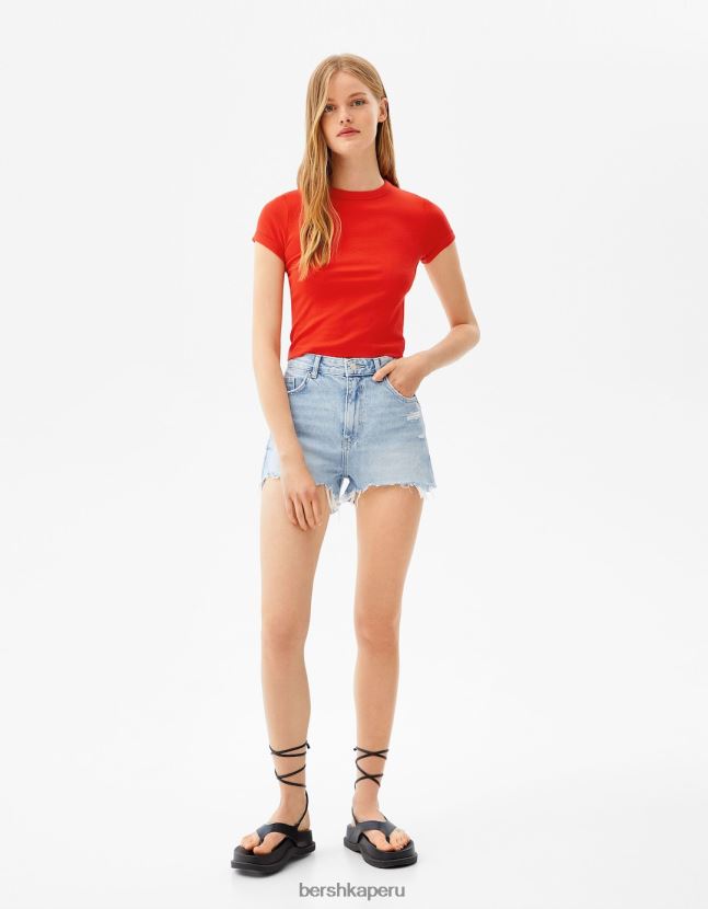 rojo Bershka mujer camiseta ajustada de manga corta 806J6B522