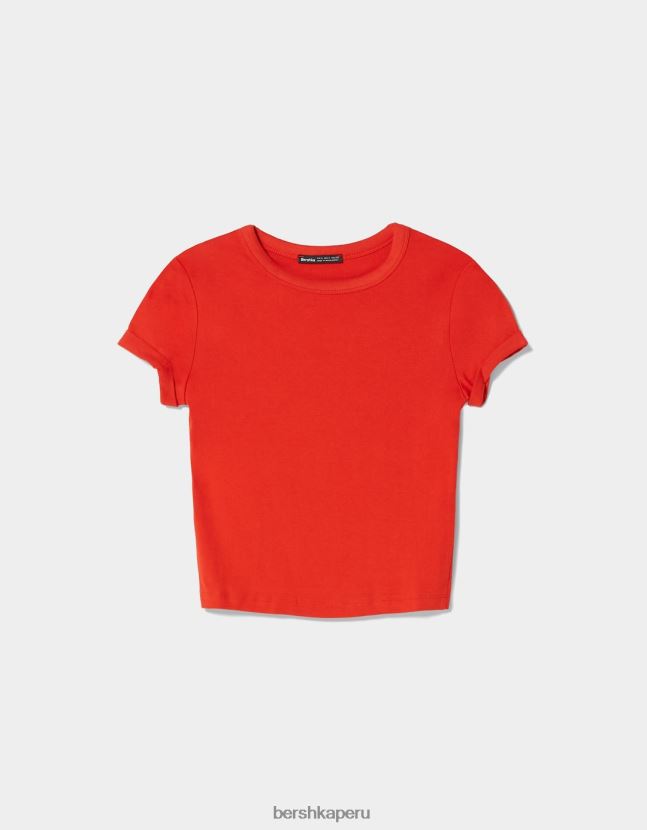 rojo Bershka mujer camiseta ajustada de manga corta 806J6B522