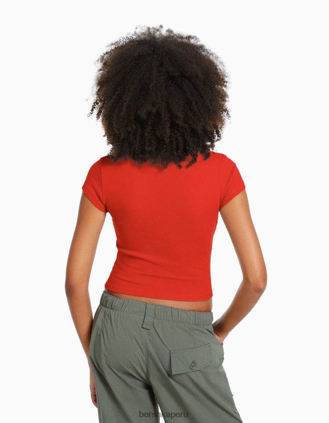 rojo Bershka mujer camiseta de canalé manga corta 806J6B351