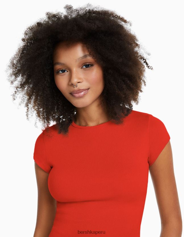 rojo Bershka mujer camiseta de canalé manga corta 806J6B351