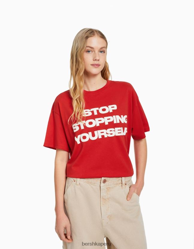 rojo Bershka mujer camiseta de manga corta con estampado 806J6B405