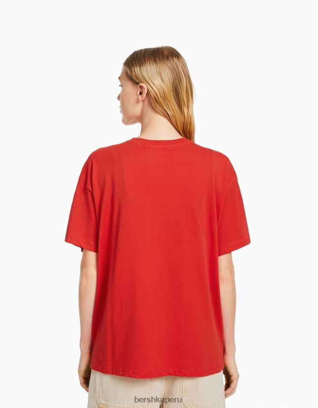 rojo Bershka mujer camiseta de manga corta con estampado 806J6B405