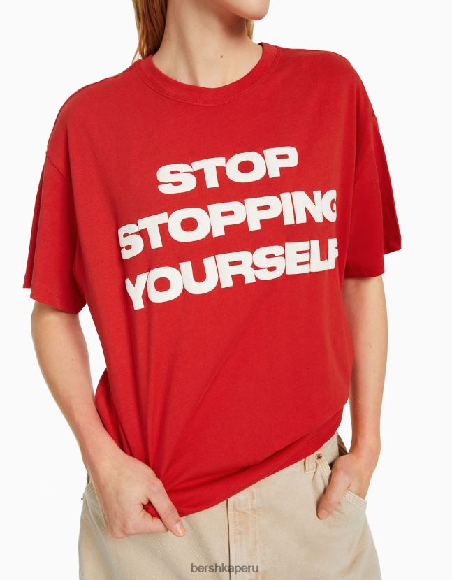 rojo Bershka mujer camiseta de manga corta con estampado 806J6B405
