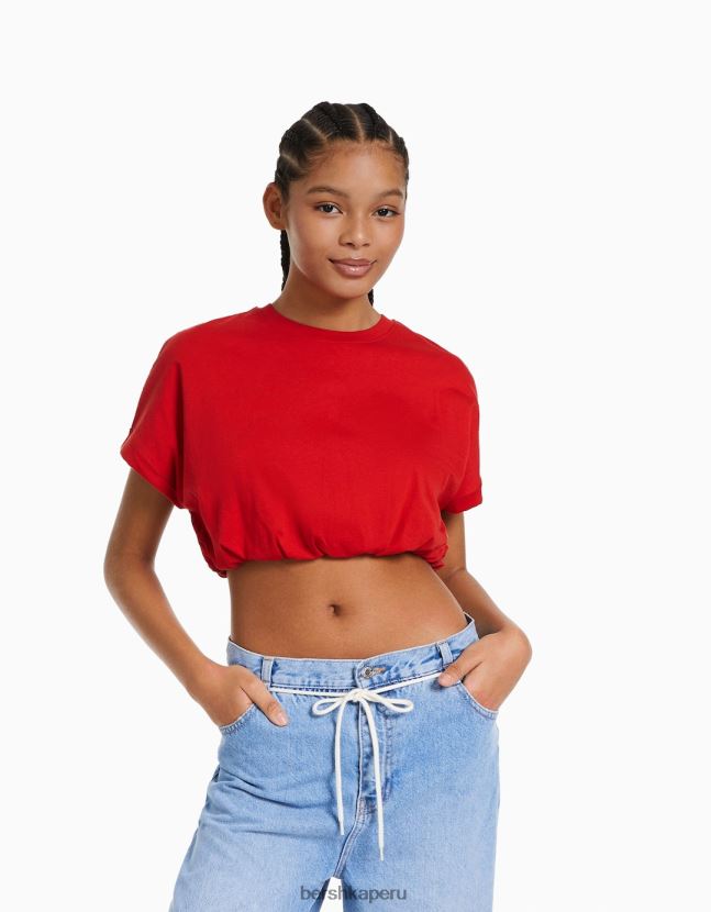 rojo Bershka mujer camiseta manga corta fruncida con elástico 806J6B379