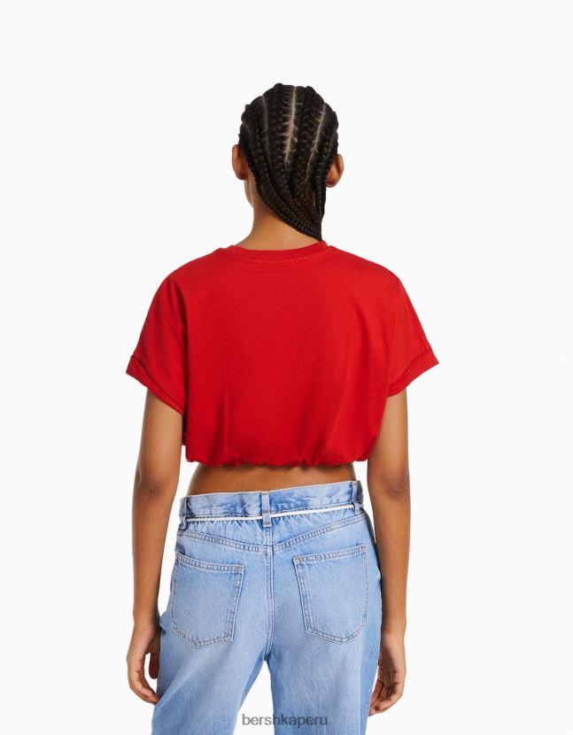 rojo Bershka mujer camiseta manga corta fruncida con elástico 806J6B379