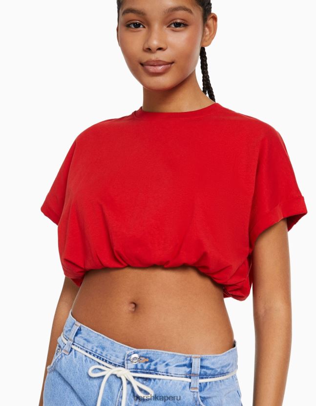 rojo Bershka mujer camiseta manga corta fruncida con elástico 806J6B379