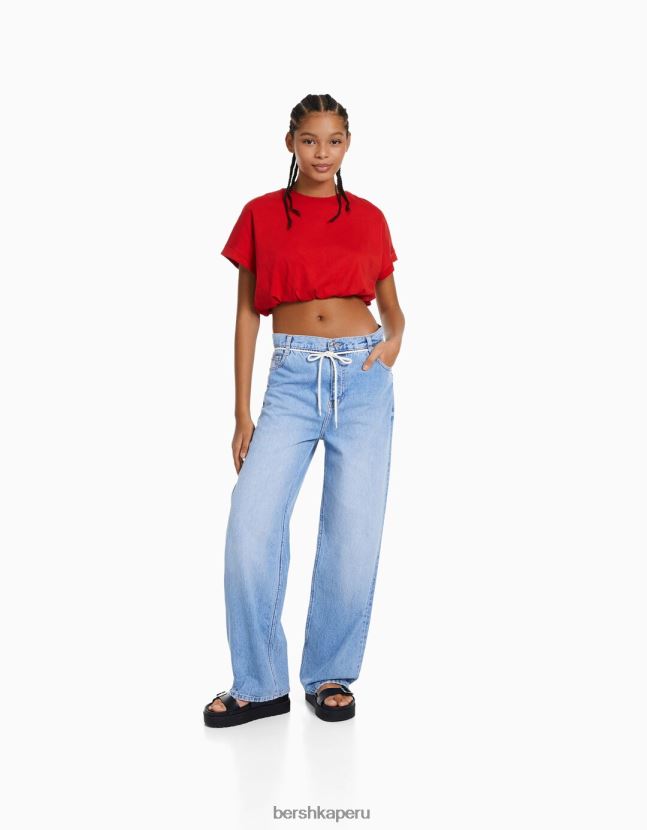 rojo Bershka mujer camiseta manga corta fruncida con elástico 806J6B379