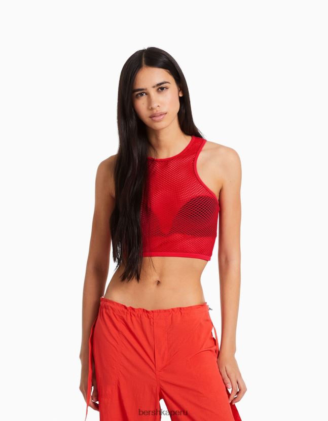 rojo Bershka mujer camiseta sin mangas de malla sin costuras 806J6B356