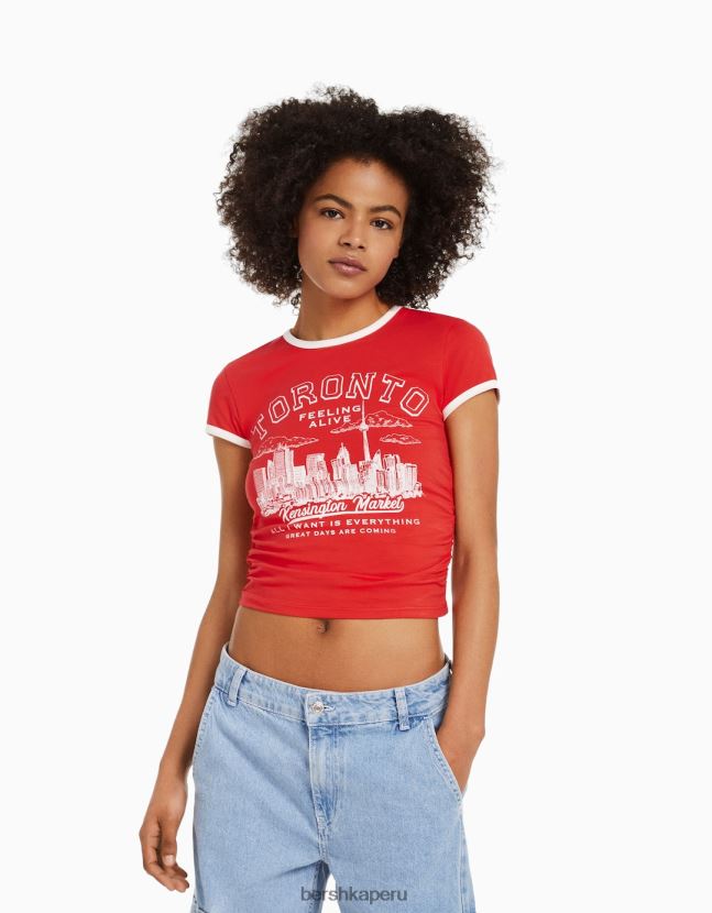 rojo Bershka mujer playera manga corta canalé estampada 806J6B461