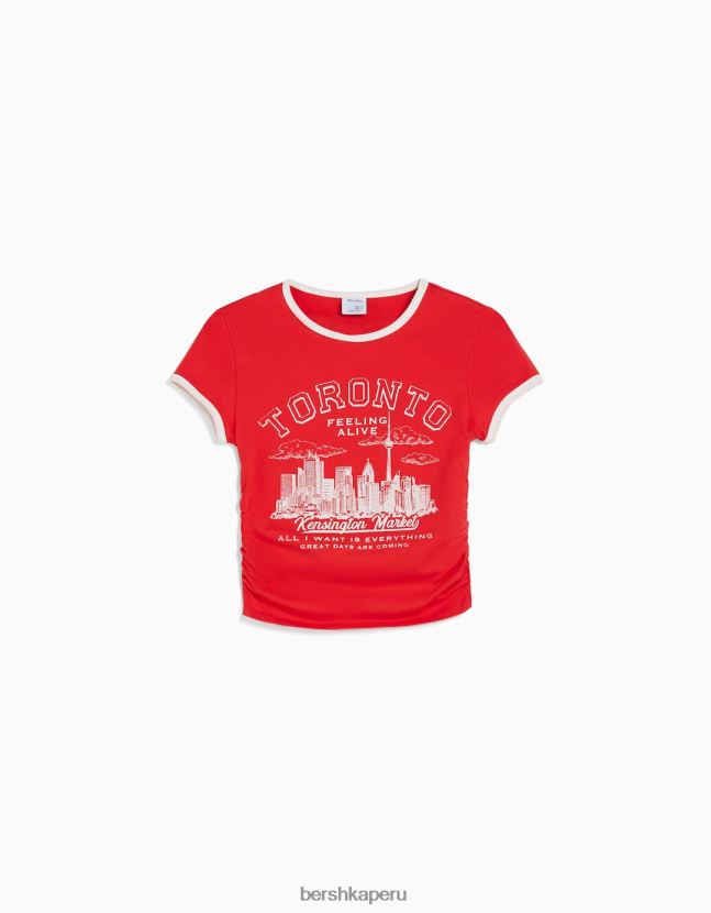 rojo Bershka mujer playera manga corta canalé estampada 806J6B461