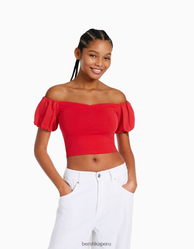 rojo Bershka mujer top de popelina de algodón de manga corta 806J6B381