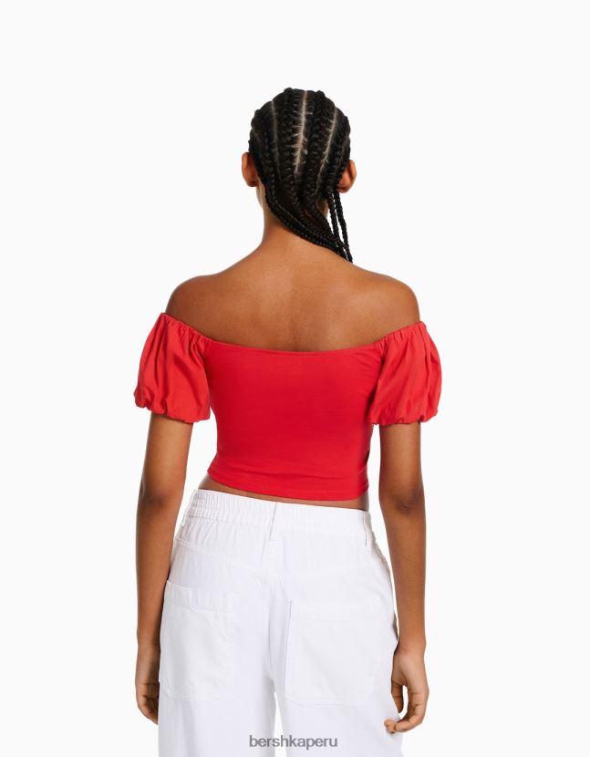 rojo Bershka mujer top de popelina de algodón de manga corta 806J6B381